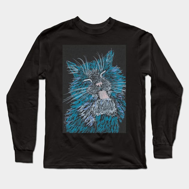 Blue cat bathing Long Sleeve T-Shirt by SamsArtworks